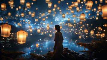AI generated A beautiful night out is lit up with paper lanterns, in the style of otherworldly scenes. photo