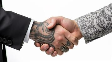 AI generated Tattoo Handshake two businessmen signifies successful agreement White Background. Generative AI photo