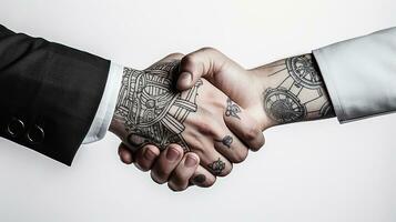 AI generated Tattoo Handshake two businessmen signifies successful agreement White Background. Generative AI photo