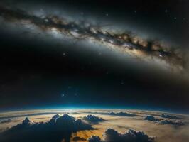 AI generated Orbiting Above Cloud Looking at the Celestial Starry Sky and Planet Far Beyond photo