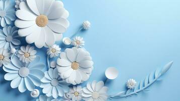 AI generated 3D White Flowers With Blue Background photo