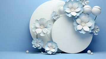 AI generated 3D White Flowers With Blue Background photo