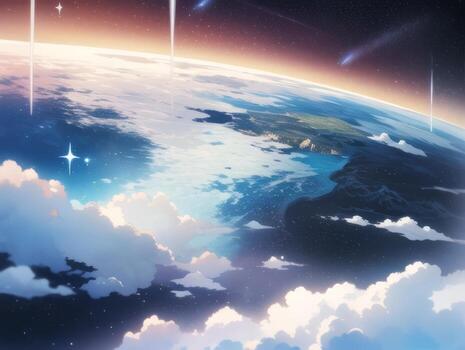 ai generado orbital encima nube mirando a el celestial estrellado cielo y planeta lejos más allá foto