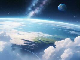 ai generado orbital encima nube mirando a el celestial estrellado cielo y planeta lejos más allá foto