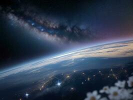 AI generated Orbiting Above Cloud Looking at the Celestial Starry Sky and Planet Far Beyond photo