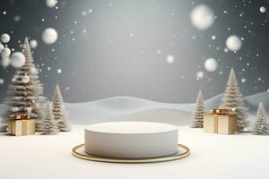 AI generated 3d rendered white and snowy Podium display for merry Christmas event photo