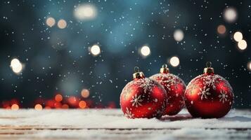 AI generated Selective focus of red and white christmas bulbs in the snow with bokeh lights on the background photo