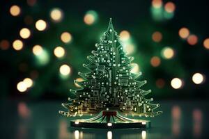 AI generated Christmas tree made with circuit board technology concept photo