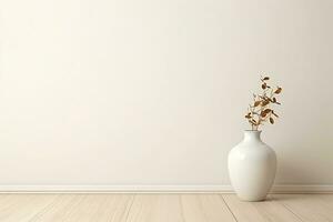 AI generated Empty white room with a wooden floor and plants. minimal with copy space photo