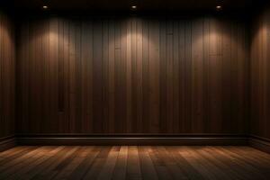 AI generated 3d rendered empty wooden room with lights and copy space photo