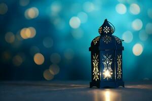 AI generated Eid decorative traditional lamps on bokeh background on wooden table photo