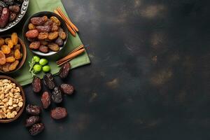 AI generated top view of dates and iftar items still life photo