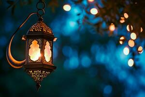ai generado un iluminado Arábica vistoso colgando Ramadán linterna foto