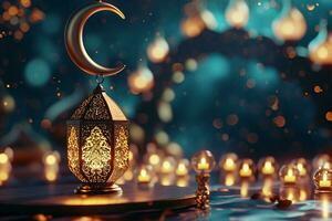 AI generated An illuminated Arabic colorful hanging Ramadan lantern photo