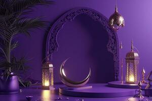 AI generated 3d rendered Ornamental Arabic lantern glowing invitation for Muslim holy month Ramadan Kareem photo