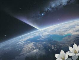 AI generated Orbiting Above Cloud Looking at the Celestial Starry Sky and Planet Far Beyond photo