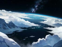 AI generated Orbiting Above Cloud Looking at the Celestial Starry Sky and Planet Far Beyond photo