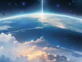 AI generated Orbiting Above Cloud Looking at the Celestial Starry Sky and Planet Far Beyond photo