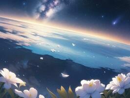 AI generated Orbiting Above Cloud Looking at the Celestial Starry Sky and Planet Far Beyond photo