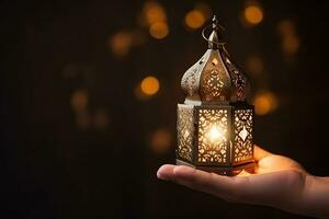 AI generated Muslim man holding arabic lantern, Ramadan kareem background photo