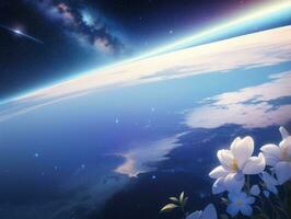 AI generated Orbiting Above Cloud Looking at the Celestial Starry Sky and Planet Far Beyond photo