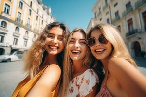 ai generado multirracial grupo de joven personas tomando selfie foto