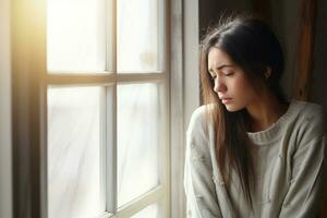 AI generated a depressed woman sitting on a window generative AI photo