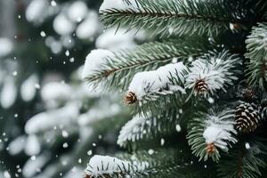 AI generated Snowflakes settling on pine branches under soft winter moonlight photo