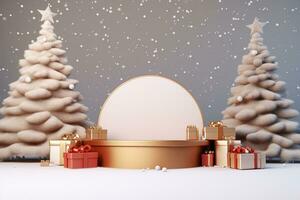 AI generated 3d rendered white and snowy Podium display for merry Christmas event photo