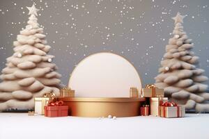 AI generated 3d rendered white and snowy Podium display for merry Christmas event photo