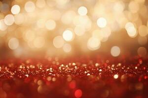 AI generated Red and golden christmas particles and sprinkles for a holiday celebration like christmas or new year. shiny golden lights. wallpaper background photo