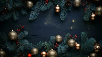 AI generated christmas holidays composition of fir tree branches with baubles and gifts copy space photo