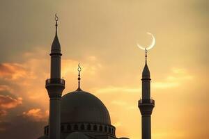 ai generado Ramadán kareem alto minaretes, mezquita Hazme y creciente y brillante estrella en el cielo. religioso antecedentes. foto