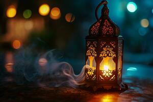 AI generated Ornamental Arabic lanterns. Glittering golden bokeh lights on the table photo