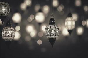 AI generated Hanging Ornamental Arabic lantern glowing for Muslim holy month Ramadan Kareem photo