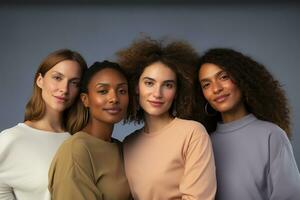 AI generated young and adult women in casual clothes chatting among themselves on gray background photo