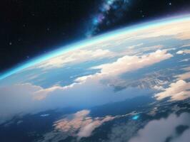 AI generated Orbiting Above Cloud Looking at the Celestial Starry Sky and Planet Far Beyond photo