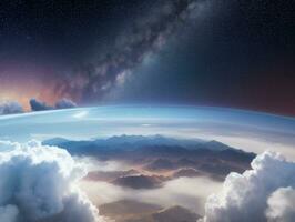 AI generated Orbiting Above Cloud Looking at the Celestial Starry Sky and Planet Far Beyond photo