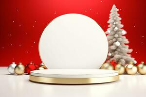 AI generated merry Christmas 3d rendered red Podium display for event photo