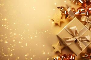 AI generated Christmas gift boxes with shiny lights background Copy space photo