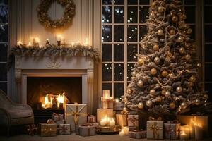 ai generado ver de hermosamente decorado Navidad árbol en hogar foto