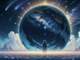 AI generated Mysterious Beautiful Planet On Starry Sky Illustration photo