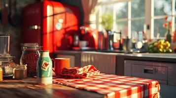 AI generated Kitchen table with red tablecloth and a cup of hot drink photo