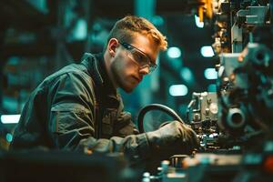 ai generado industrial trabajador trabajando en fábrica. joven hombre en uniforme y lentes foto