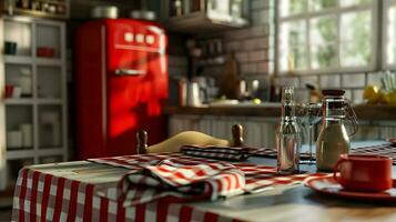 AI generated Kitchen interior with tablecloth and cutlery, closeup photo