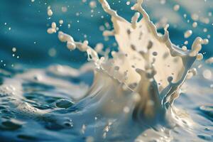 AI generated splashes of white milk on a blue background photo