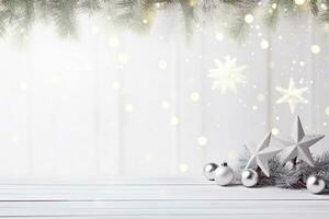 AI generated Christmas holidays composition on white wooden background frame fir branches, gifts. photo