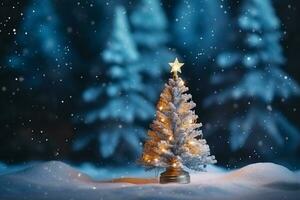 AI generated illuminated pine christmas tree snowy forest night photo