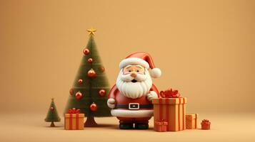 AI generated 3d rendered minimal santa clause with christmas tree and gifts on pastel background photo