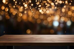 AI generated empty wooden table against a bokeh lights background photo